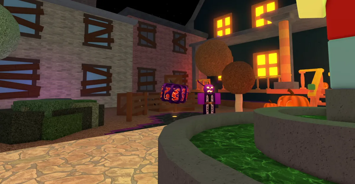 O lobby do MM2 todo decorado de Halloween.